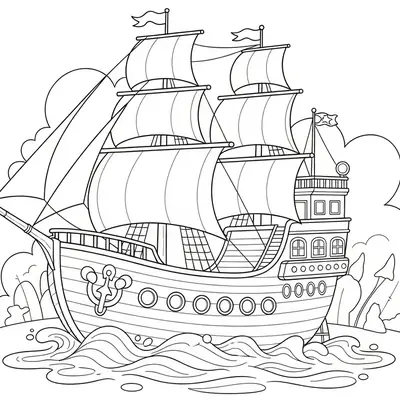 Desenho de contorno de um navio antigo estilo caravela com velas grandes e triangulares, mastros com bandeiras, âncora decorativa e ondas estilizadas.