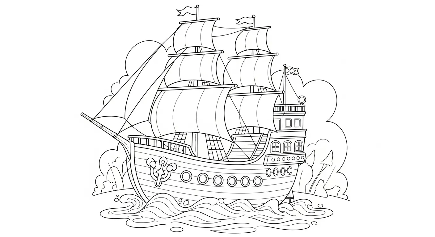 Desenho de contorno de um navio antigo estilo caravela com velas grandes e triangulares, mastros com bandeiras, âncora decorativa e ondas estilizadas.