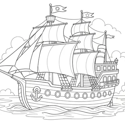Desenho de contorno de um navio antigo estilo caravela com múltiplas velas, cordas detalhadas, uma âncora na lateral e bandeiras nos mastros.