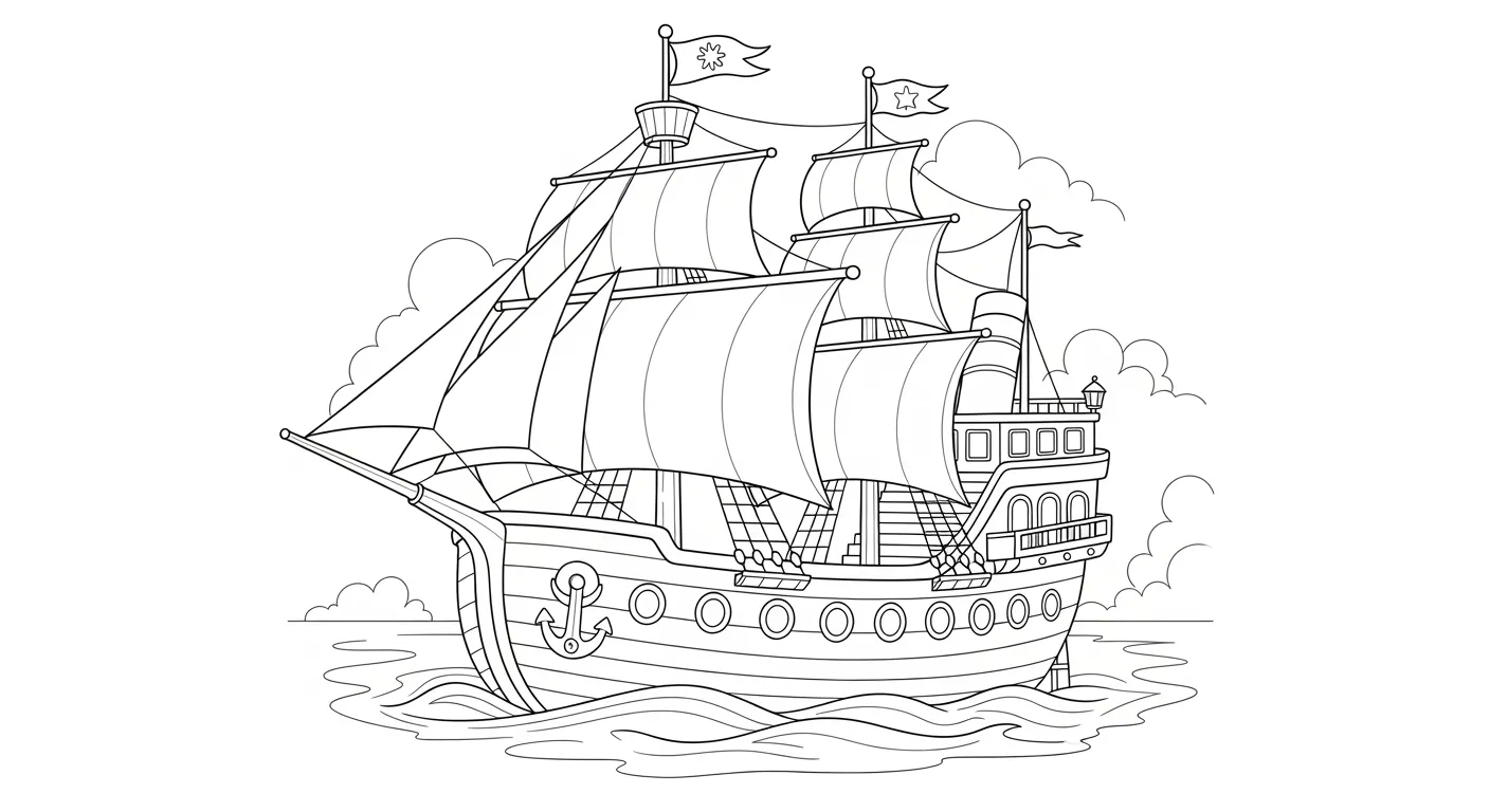Desenho de contorno de um navio antigo estilo caravela com múltiplas velas, cordas detalhadas, uma âncora na lateral e bandeiras nos mastros.
