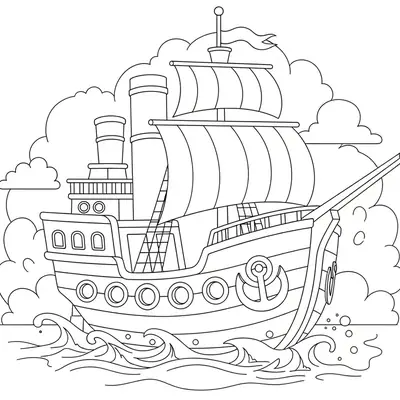 Desenho de contorno de um navio antigo que mistura velas de caravela com duas grandes chaminés de vapor, janelas circulares no casco e nuvens grandes ao fundo.