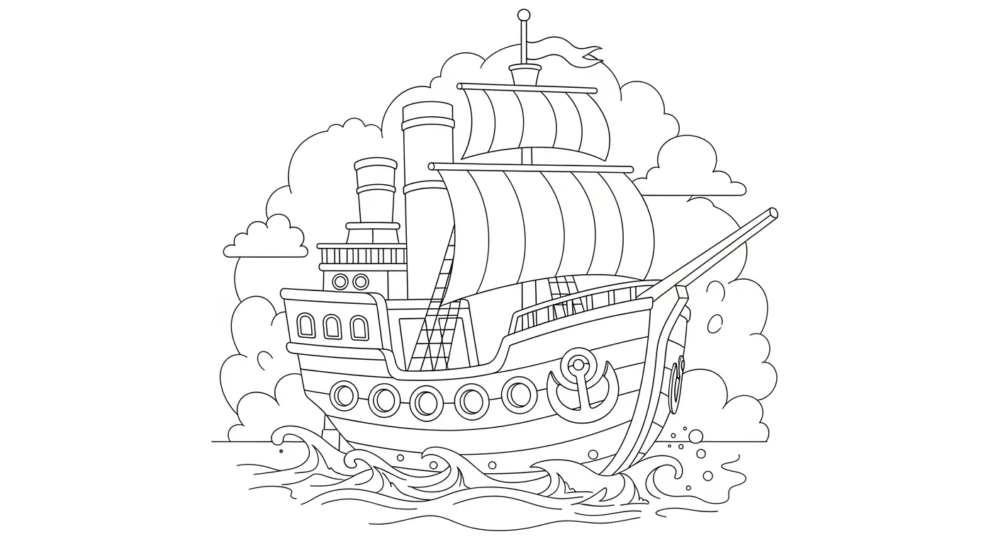 Desenho de contorno de um navio antigo que mistura velas de caravela com duas grandes chaminés de vapor, janelas circulares no casco e nuvens grandes ao fundo.