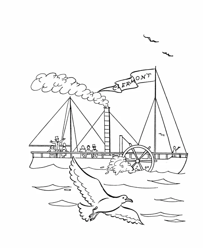 Desenho de contorno do navio a vapor Clermont com uma grande roda de pás na lateral, mastro com bandeira escrita 'CLERMONT', fumaça na chaminé e uma gaivota voando à frente.