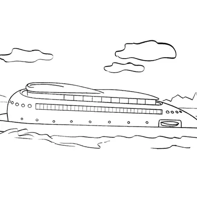 Desenho de contorno de um navio de cruzeiro moderno e aerodinâmico, com fileiras de janelas, decks superiores e nuvens ao fundo.