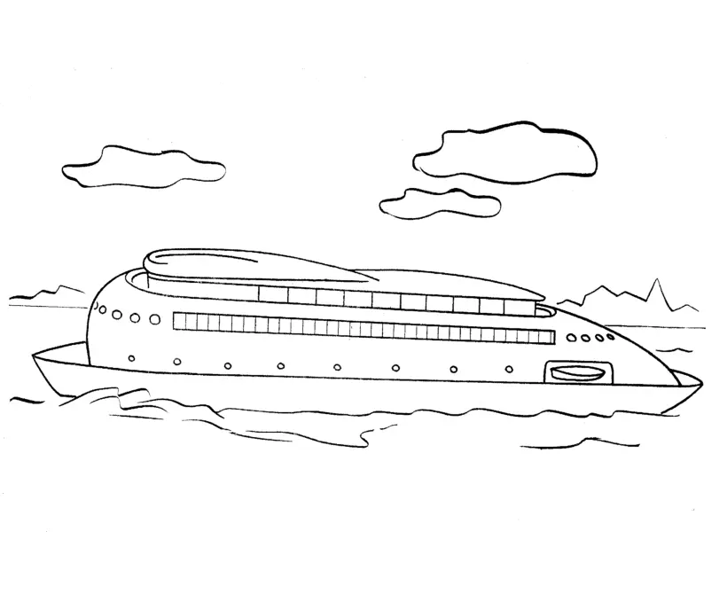 Desenho de contorno de um navio de cruzeiro moderno e aerodinâmico, com fileiras de janelas, decks superiores e nuvens ao fundo.