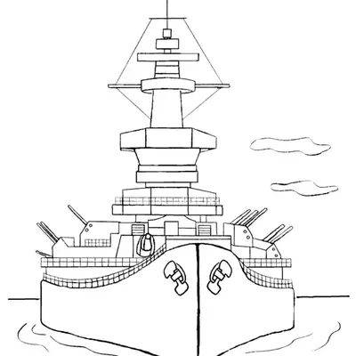 Desenho de contorno frontal de um navio de guerra encouraçado, exibindo várias baterias de canhões, âncoras na proa e uma alta torre de controle.