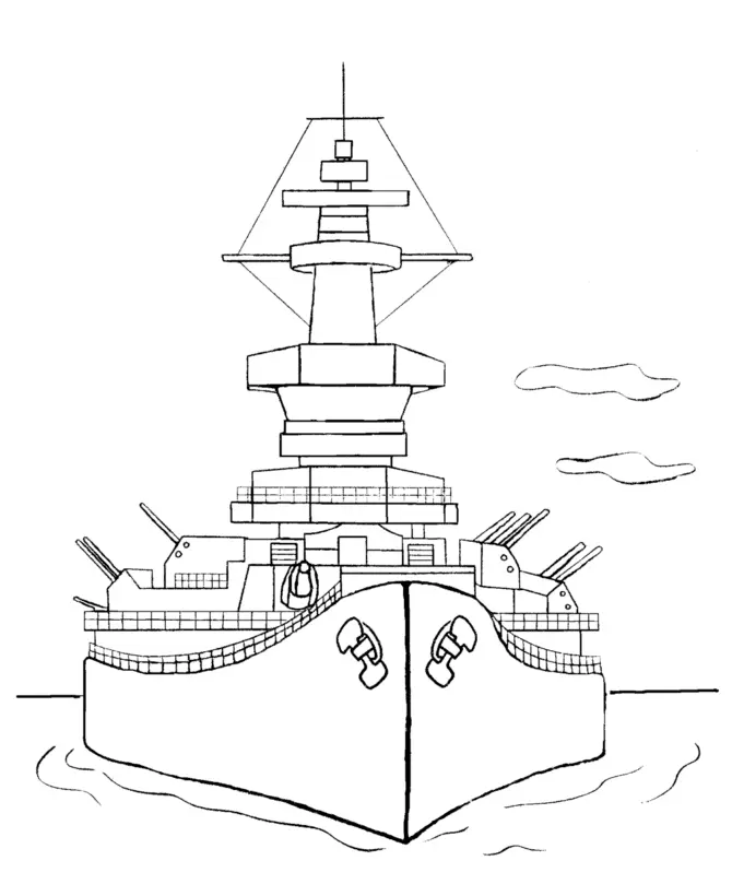 Desenho de contorno frontal de um navio de guerra encouraçado, exibindo várias baterias de canhões, âncoras na proa e uma alta torre de controle.