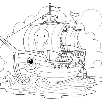 Desenho de contorno de um navio de desenho animado com um grande olho e sorriso na proa, vela com desenho de baleia e navegando em ondas suaves.