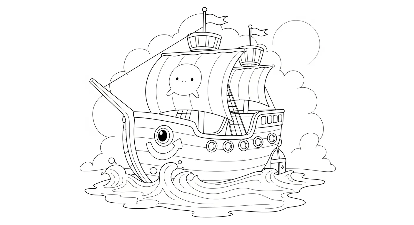 Desenho de contorno de um navio de desenho animado com um grande olho e sorriso na proa, vela com desenho de baleia e navegando em ondas suaves.