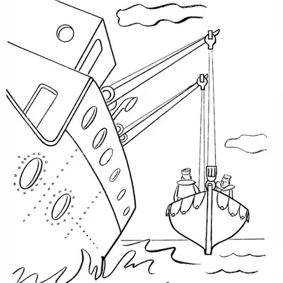Desenho de contorno de um grande navio de passageiros visto de lado, baixando um pequeno bote com dois marinheiros através de cabos de guindaste sobre as ondas.