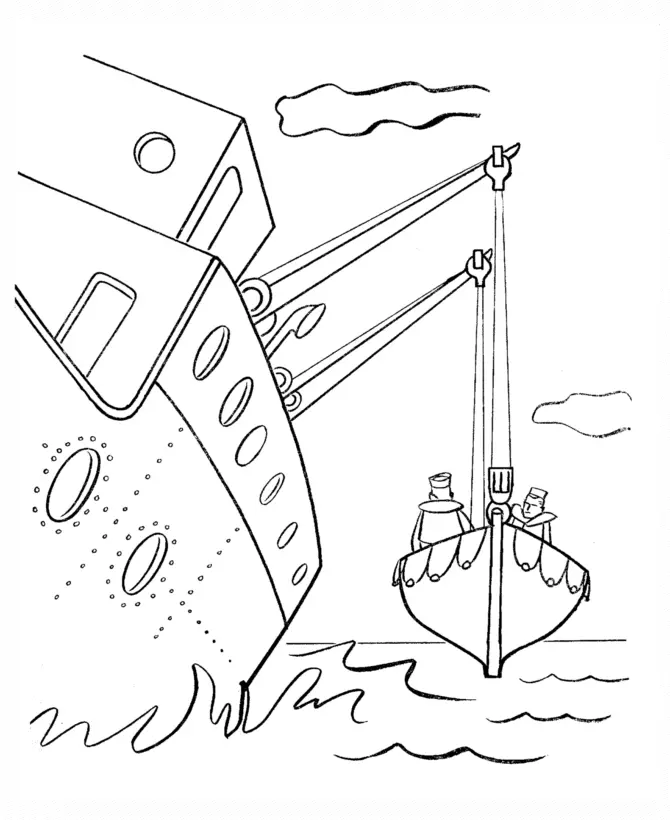 Desenho de contorno de um grande navio de passageiros visto de lado, baixando um pequeno bote com dois marinheiros através de cabos de guindaste sobre as ondas.