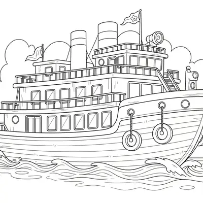 Desenho de contorno de um grande navio transatlântico clássico com três níveis de conveses, duas chaminés no topo, boias penduradas na lateral e bandeiras.