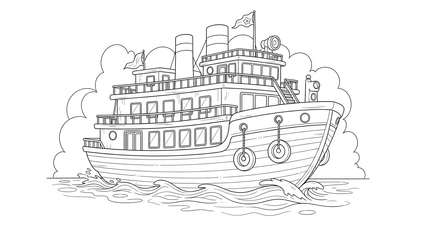Desenho de contorno de um grande navio transatlântico clássico com três níveis de conveses, duas chaminés no topo, boias penduradas na lateral e bandeiras.