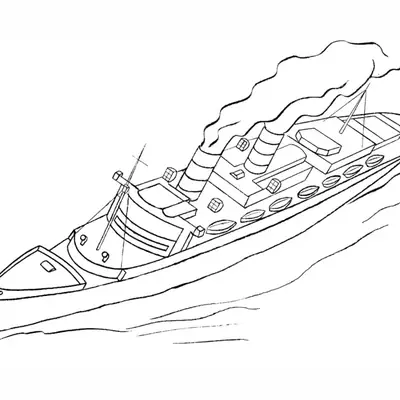 Desenho de contorno em perspectiva superior de um grande navio a vapor com fumaça saindo das chaminés e botes de salvamento nas laterais.