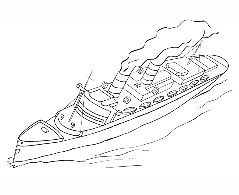 Desenho de contorno em perspectiva superior de um grande navio a vapor com fumaça saindo das chaminés e botes de salvamento nas laterais.