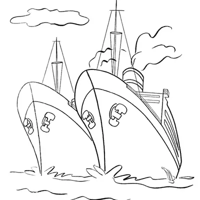 Desenho de contorno de dois navios de grande porte vistos de frente (proa), com âncoras nas laterais, chaminés soltando fumaça e nuvens ao fundo.