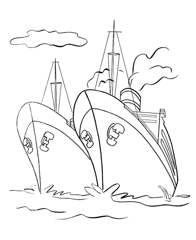 Desenho de contorno de dois navios de grande porte vistos de frente (proa), com âncoras nas laterais, chaminés soltando fumaça e nuvens ao fundo.