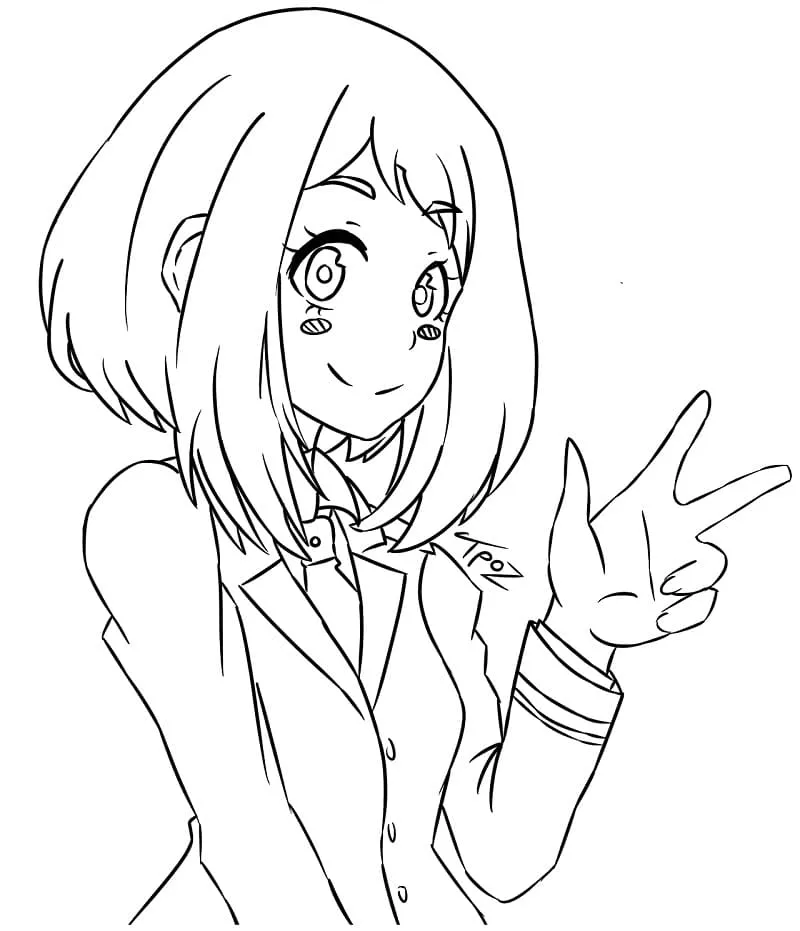 Desenho de contorno em preto e branco de Ochaco Uraraka de perfil, sorrindo e fazendo um sinal de paz ou vitória com a mão esquerda.