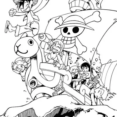 Desenho da Tripulação de One Piece no Going Merry para Colorir