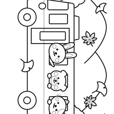 Desenho de contorno de um ônibus com um coelho, um urso e um gatinho nas janelas, cercado por folhas de outono e uma libélula.