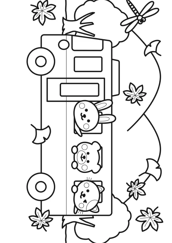Desenho de contorno de um ônibus com um coelho, um urso e um gatinho nas janelas, cercado por folhas de outono e uma libélula.