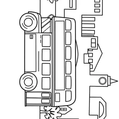 Desenho de contorno de um ônibus de dois andares em perfil lateral, passando por uma linha de prédios urbanos e árvores.