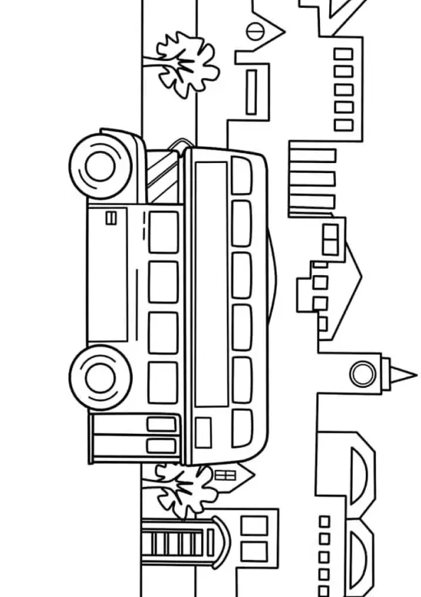 Desenho de contorno de um ônibus de dois andares em perfil lateral, passando por uma linha de prédios urbanos e árvores.