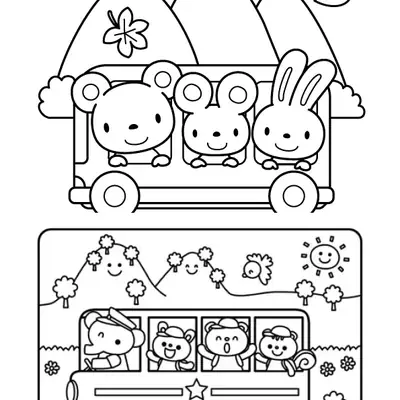 Página de colorir com dois desenhos: um ônibus acima com urso, rato e coelho em frente a montanhas, e um ônibus abaixo com elefante motorista e passageiros.