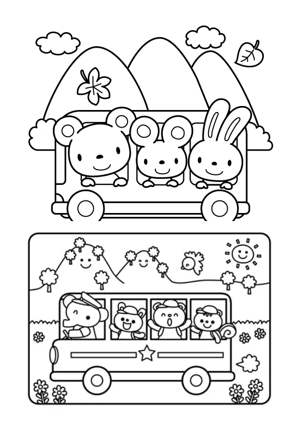 Página de colorir com dois desenhos: um ônibus acima com urso, rato e coelho em frente a montanhas, e um ônibus abaixo com elefante motorista e passageiros.
