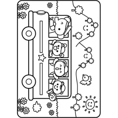 Desenho de contorno de um ônibus escolar com animais nas janelas, passando por uma paisagem com sol sorridente e montanhas.