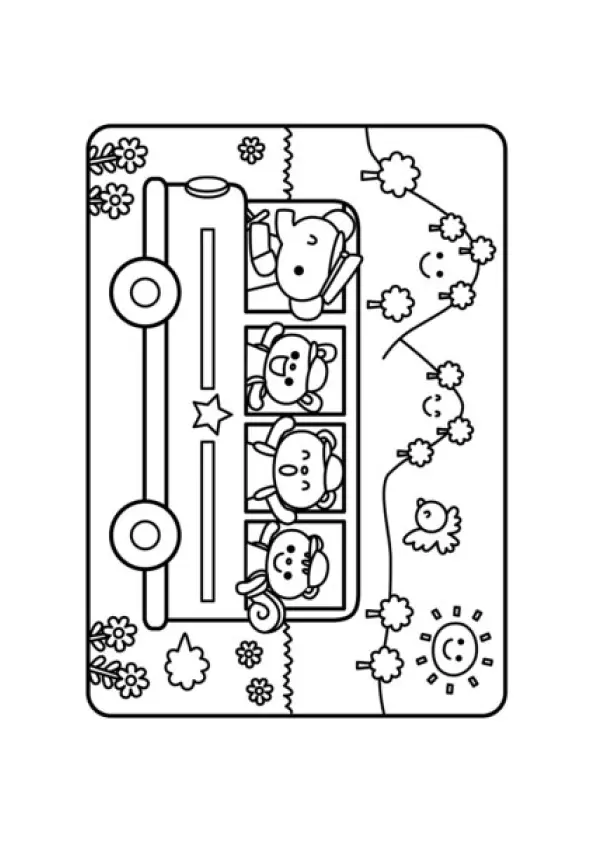 Desenho de contorno de um ônibus escolar com animais nas janelas, passando por uma paisagem com sol sorridente e montanhas.