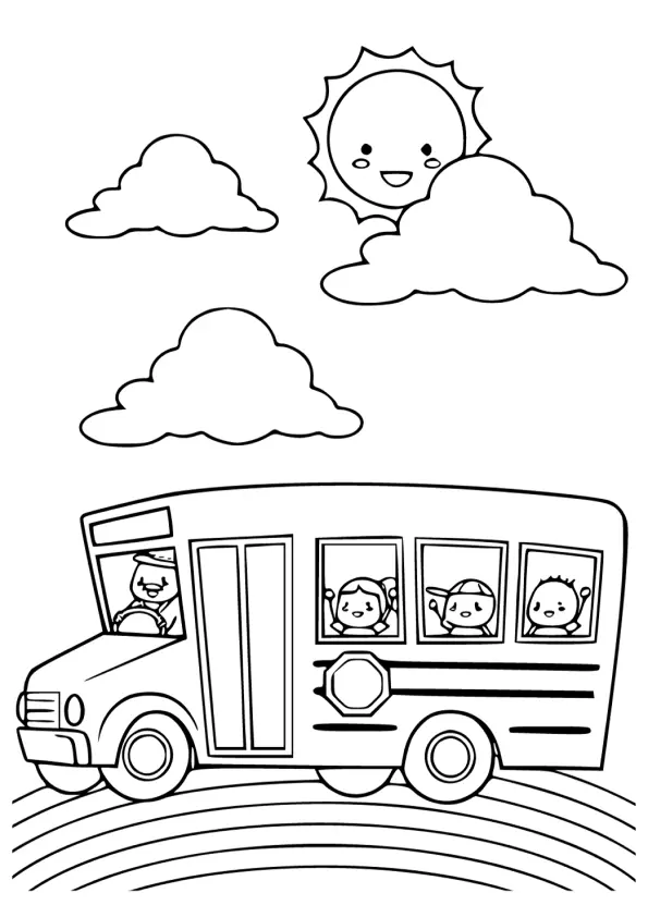 Desenho de contorno de um ônibus escolar em uma estrada, com um motorista e três crianças nas janelas sob um sol com rosto e nuvens.