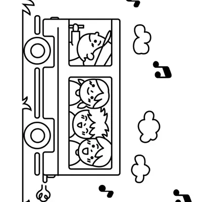 Desenho de contorno de um ônibus escolar visto de lado; motorista e três crianças aparecem sorridentes nas janelas com notas musicais ao redor.