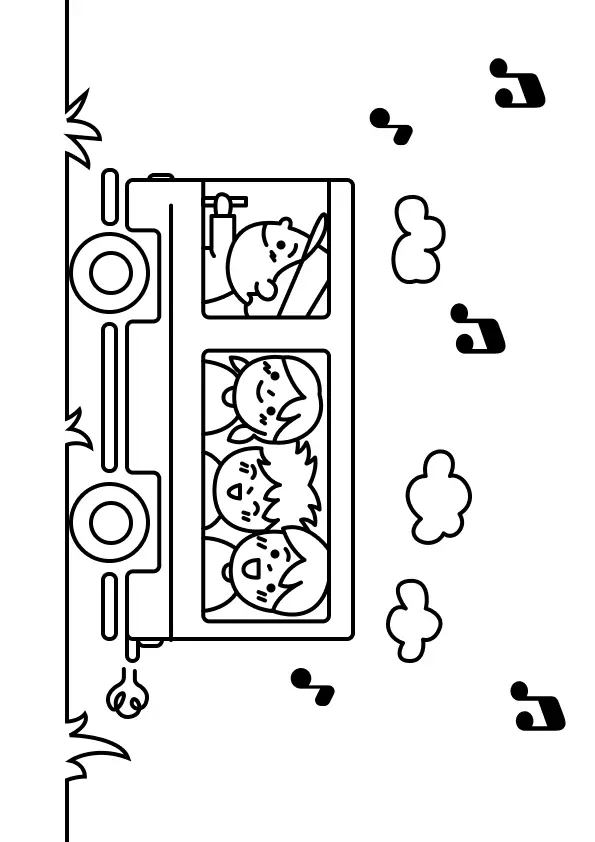 Desenho de contorno de um ônibus escolar visto de lado; motorista e três crianças aparecem sorridentes nas janelas com notas musicais ao redor.