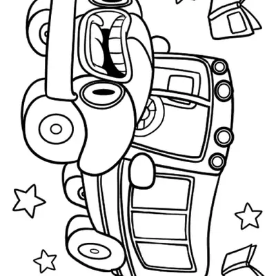 Desenho de contorno de um ônibus escolar com rosto amigável, fones de ouvido, livros abertos flutuando e estrelas ao redor.