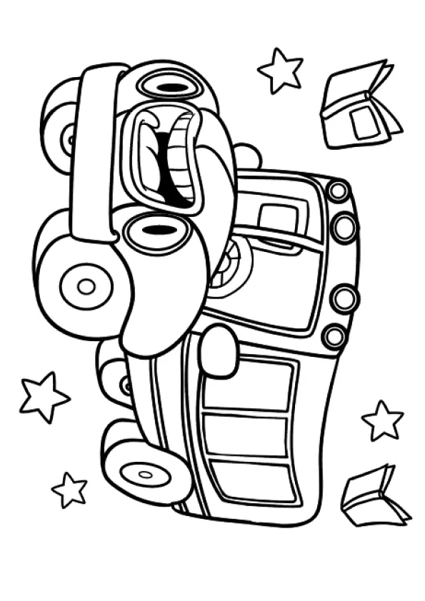 Desenho de contorno de um ônibus escolar com rosto amigável, fones de ouvido, livros abertos flutuando e estrelas ao redor.