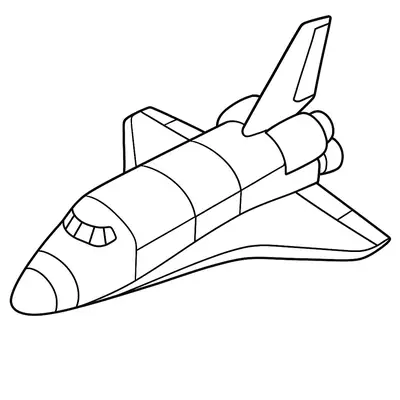 Desenho de um Ônibus Espacial (Space Shuttle), visto em perspectiva angular. O desenho mostra o corpo principal, as asas em formato delta e os grandes motores de propulsão na parte traseira.