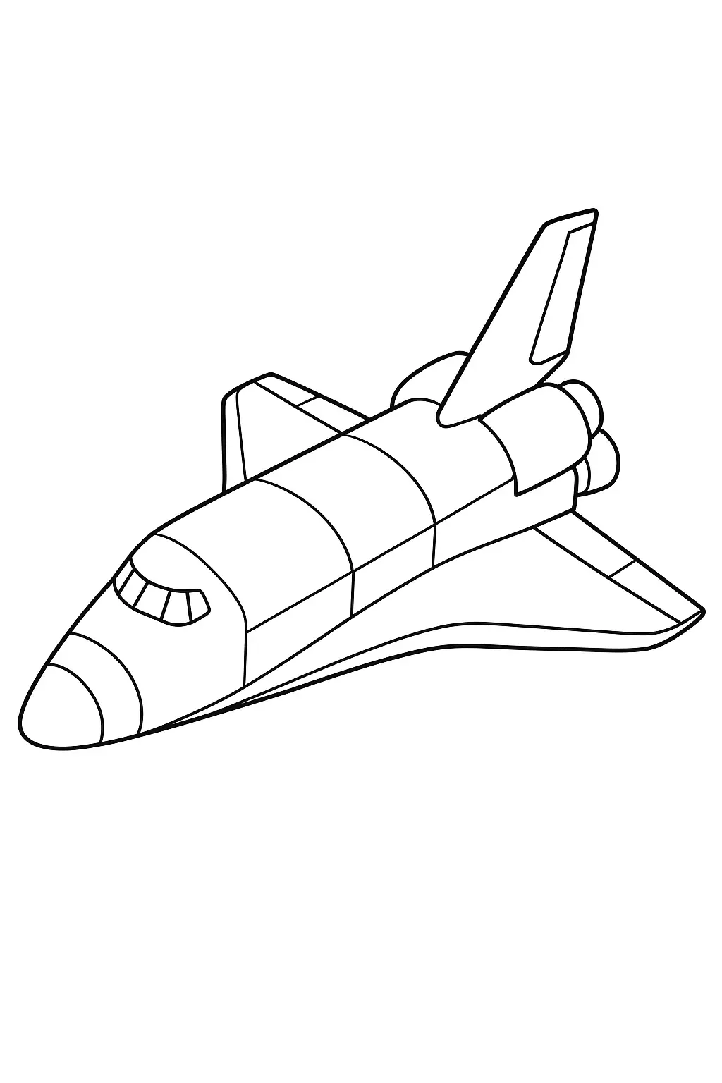 Desenho de um Ônibus Espacial (Space Shuttle), visto em perspectiva angular. O desenho mostra o corpo principal, as asas em formato delta e os grandes motores de propulsão na parte traseira.