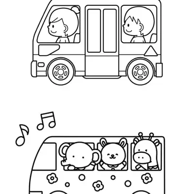 Desenho de contorno para colorir mostrando dois ônibus: um acima com um menino e uma menina, e um abaixo com elefante, coelho e girafa.