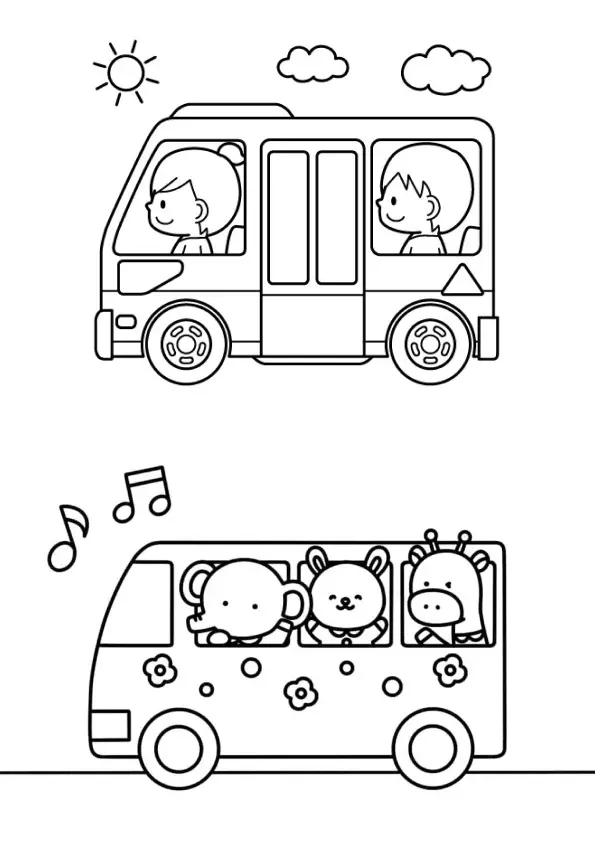 Desenho de contorno para colorir mostrando dois ônibus: um acima com um menino e uma menina, e um abaixo com elefante, coelho e girafa.