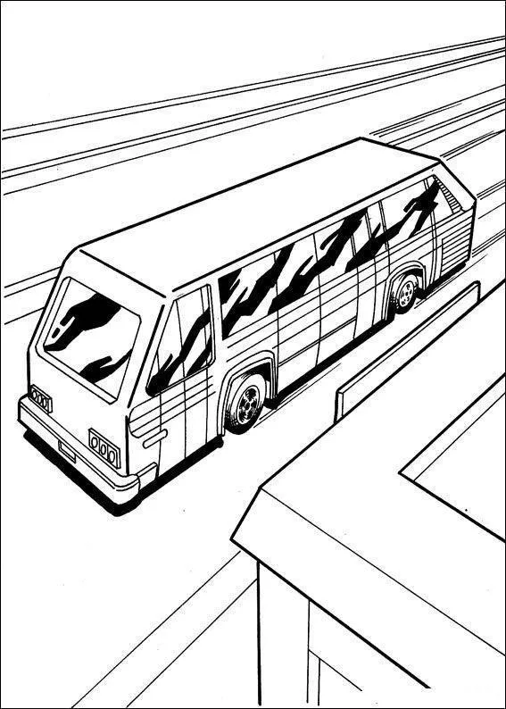 Desenho de contorno de um ônibus de viagem moderno com janelas grandes e detalhes gráficos na lateral, circulando em uma estrada.