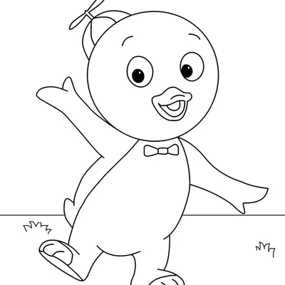 Desenho de contorno em preto e branco do pinguim Pablo, de Backyardigans, caminhando para a esquerda com um braço levantado, sobre um chão com pequenos tufos de grama.