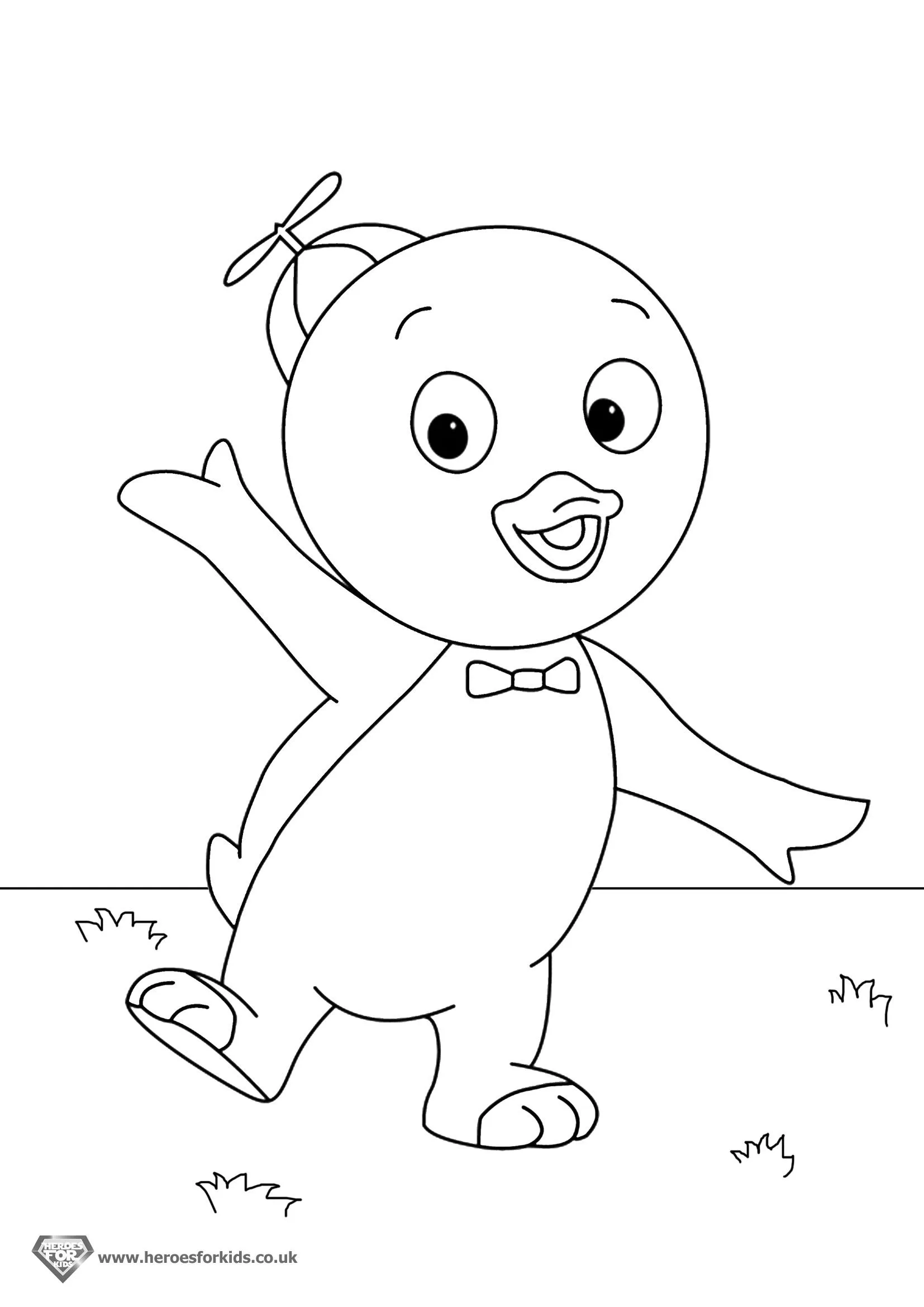 Desenho de contorno em preto e branco do pinguim Pablo, de Backyardigans, caminhando para a esquerda com um braço levantado, sobre um chão com pequenos tufos de grama.