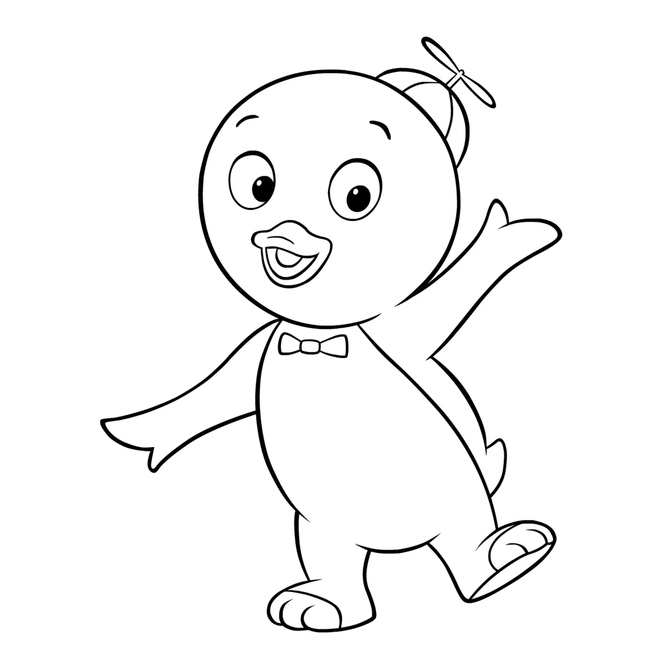 Desenho de contorno em preto e branco do personagem Pablo, um pinguim da série Backyardigans, usando um boné com hélice no topo e uma pequena gravata borboleta.