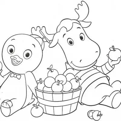 Desenho de contorno em preto e branco do pinguim Pablo e do alce Tyrone sentados no chão ao lado de uma cesta cheia de maçãs, cada um segurando uma fruta.