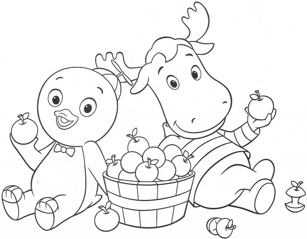 Desenho de contorno em preto e branco do pinguim Pablo e do alce Tyrone sentados no chão ao lado de uma cesta cheia de maçãs, cada um segurando uma fruta.