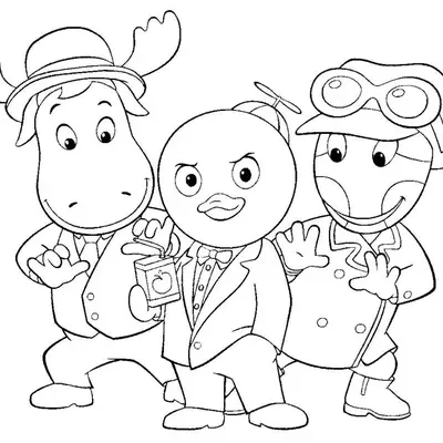 Desenho de contorno em preto e branco dos personagens de Backyardigans: Tyrone de chapéu e terno, Pablo de terno segurando uma caixinha de suco e Uniqua usando óculos de aviador e casaco longo.