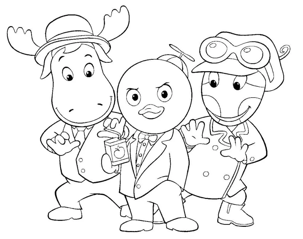 Desenho de contorno em preto e branco dos personagens de Backyardigans: Tyrone de chapéu e terno, Pablo de terno segurando uma caixinha de suco e Uniqua usando óculos de aviador e casaco longo.