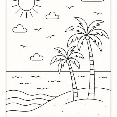 Desenho de contorno de uma praia tropical com dois coqueiros em uma duna de areia, mar com ondas, sol com raios, nuvens e gaivotas voando.