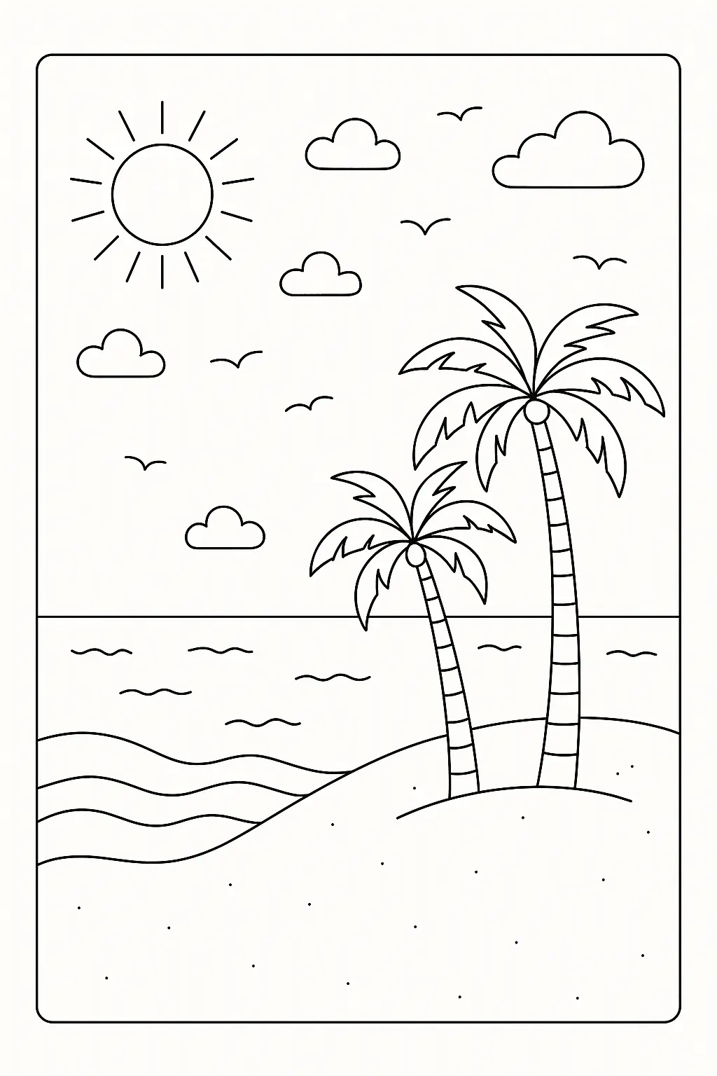 Desenho de contorno de uma praia tropical com dois coqueiros em uma duna de areia, mar com ondas, sol com raios, nuvens e gaivotas voando.